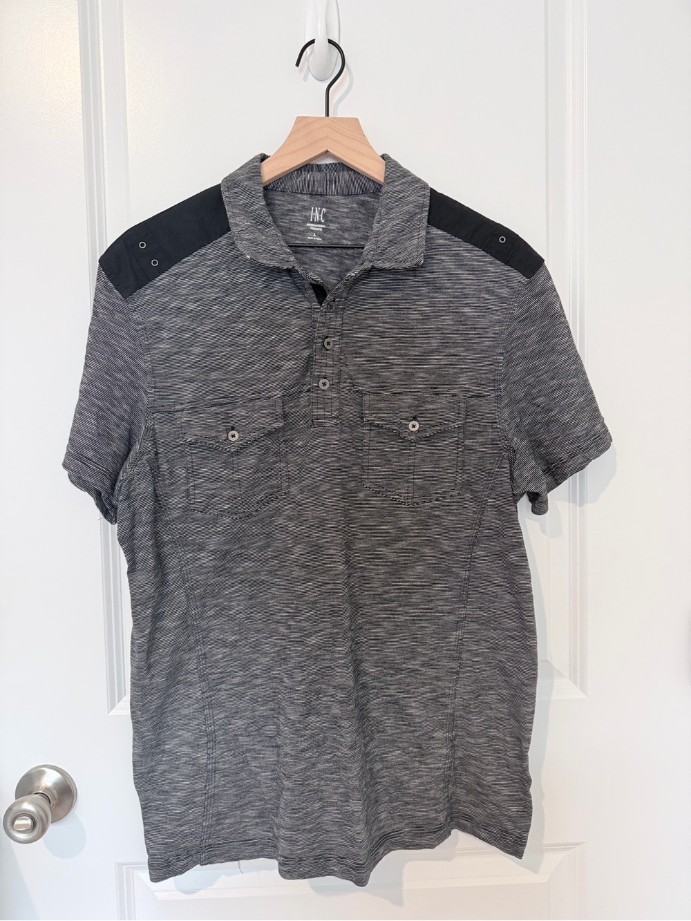 INC International Concepts Heather Gray Polo with Black Shoulder Panels
